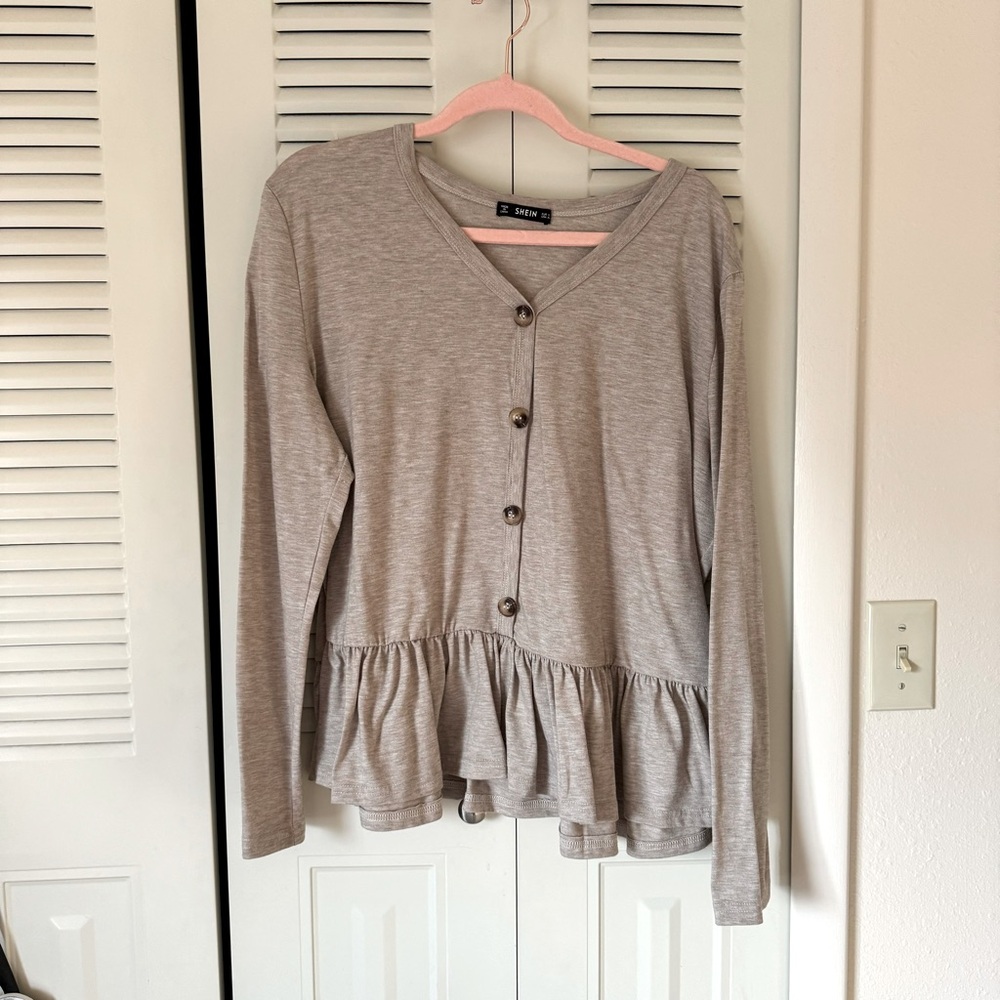 Tan Button Down Long Sleeved Peplum Top